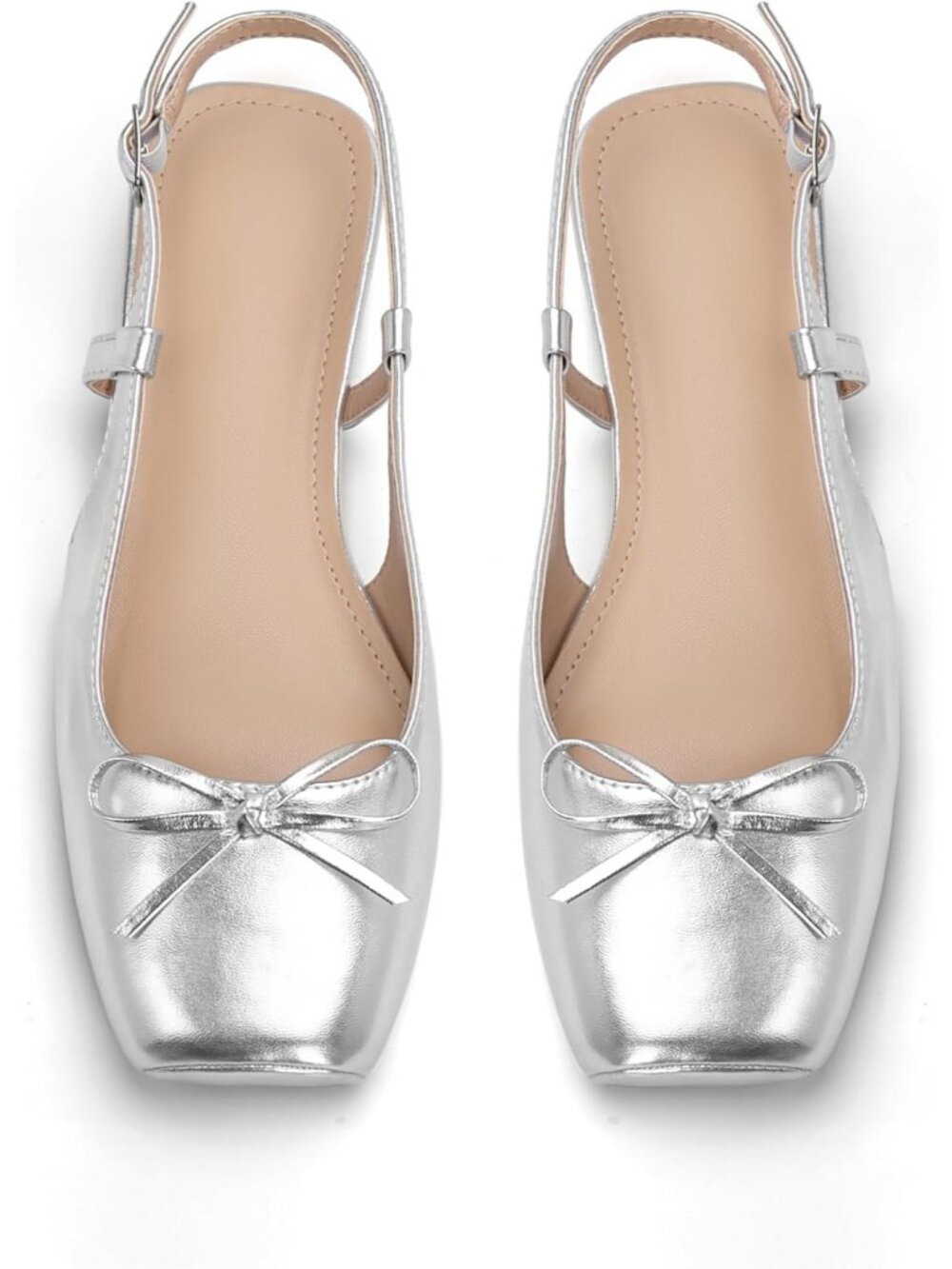 Women's Silver Slingback Square Toe Bow Knit Ankle Buckle Satin Ballet Flats